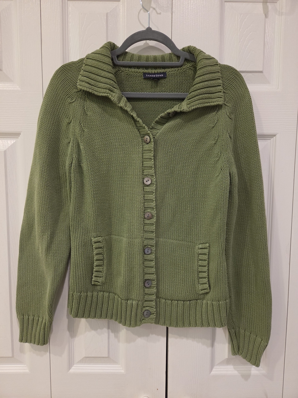 Vintage 90s Lands' End Sage Green Button-Front Women's Sweater 100% Cotton